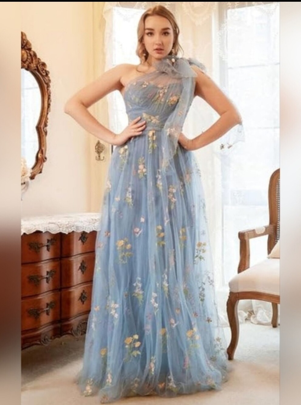 One-Shoulder Dusty Blue Floral Gown